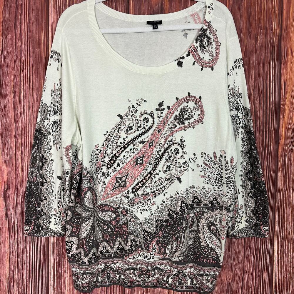 Talbots 2X Sweater Top Paisley Print 3/4 Sleeve Brown Pink Ivory Cotton Blend‎